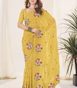 Mustard color gold crush fabric designer embroidered saree