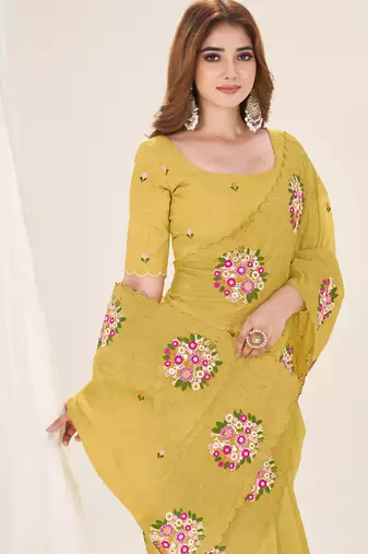 Mustard gold crush embroidered saree