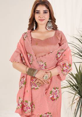 Rust gold crush embroidered saree 3