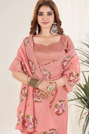 Rust gold crush embroidered saree