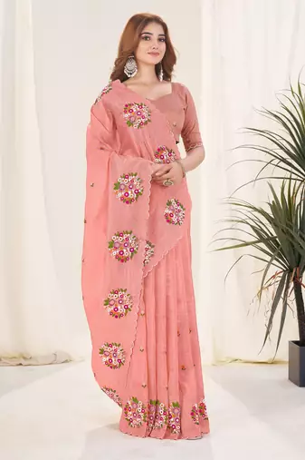Rust gold crush embroidered saree