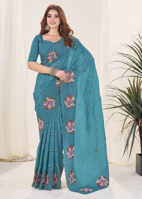 Blue gold crush embroidered saree 1