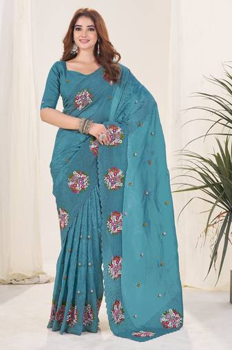Blue color gold crush fabric designer embroidered saree