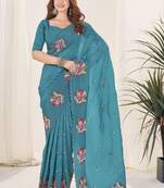 Blue color gold crush fabric designer embroidered saree