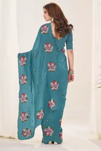 Blue gold crush embroidered saree