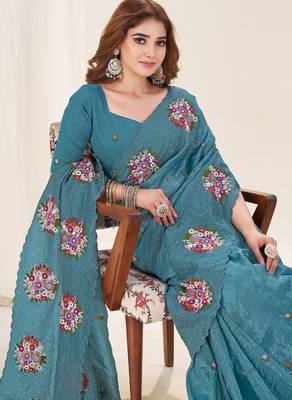 Blue gold crush embroidered saree 3