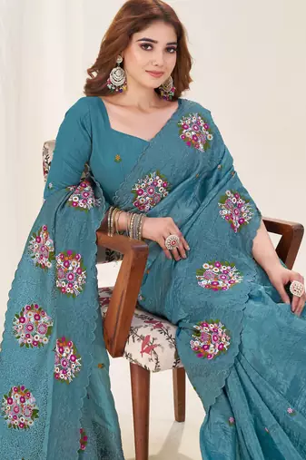 Blue gold crush embroidered saree
