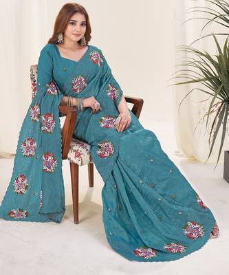 Blue gold crush embroidered saree 4