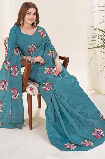 Blue gold crush embroidered saree
