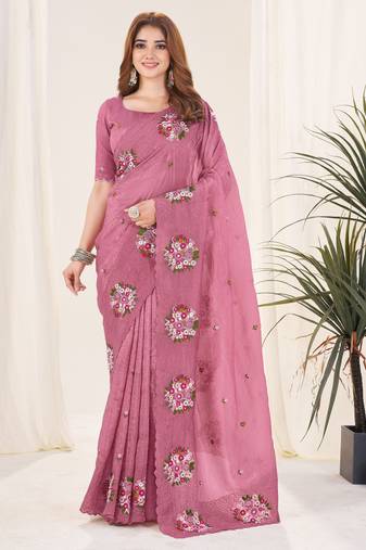 Pink color gold crush fabric designer embroidered saree