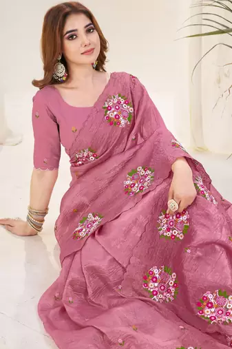 Pink gold crush embroidered saree