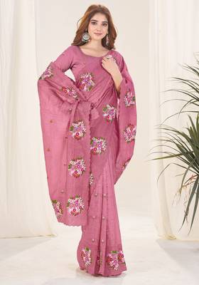 Pink gold crush embroidered saree 4