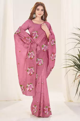 Pink gold crush embroidered saree