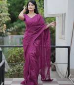 Purple color twill net fabric sequins work ceremonial saree