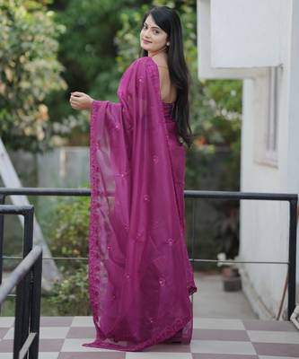 Purple twill net sequins work ceremonial saree 2