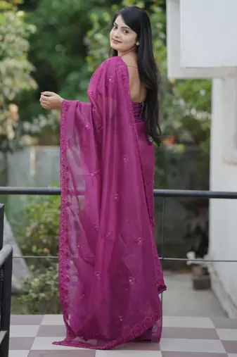 Purple twill net sequins work ceremonial saree