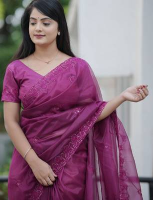 Purple twill net sequins work ceremonial saree 3