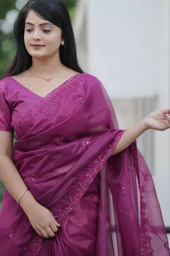 Purple twill net sequins work ceremonial saree
