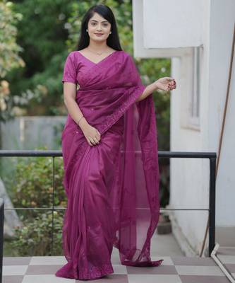 Purple twill net sequins work ceremonial saree 4