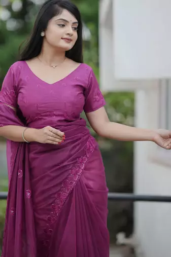 Purple twill net sequins work ceremonial saree