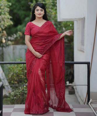 Maroon twill net sequins work ceremonial saree 1