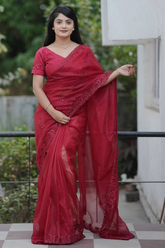 Maroon color twill net fabric sequins work ceremonial saree