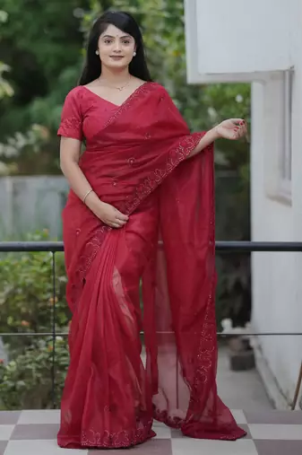 Maroon color twill net fabric sequins work ceremonial saree