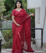 Maroon color twill net fabric sequins work ceremonial saree