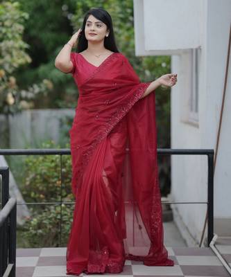 Maroon twill net sequins work ceremonial saree 2