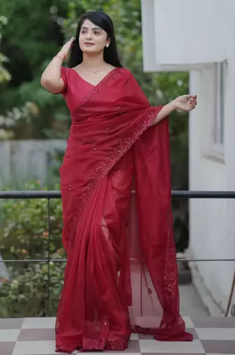 Maroon twill net sequins work ceremonial saree