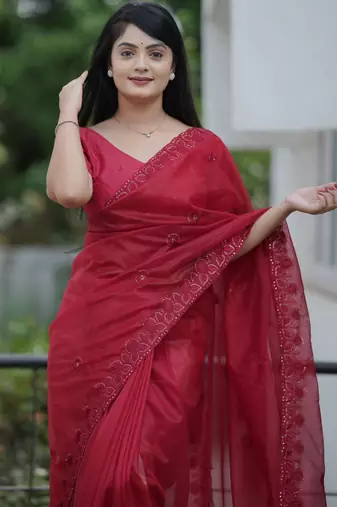 Maroon twill net sequins work ceremonial saree