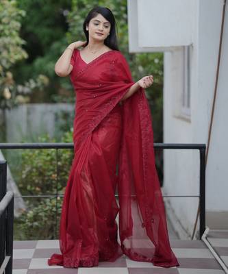Maroon twill net sequins work ceremonial saree 4