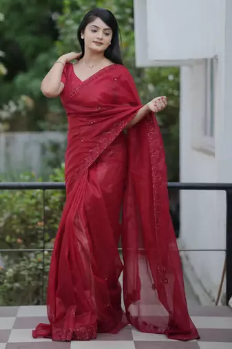 Maroon twill net sequins work ceremonial saree