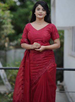 Maroon twill net sequins work ceremonial saree 5