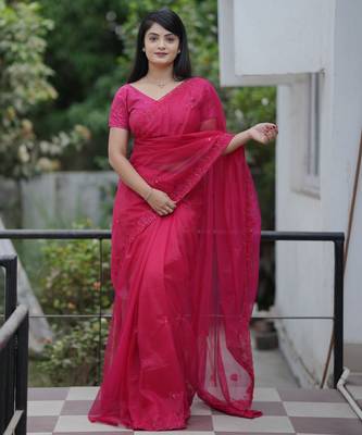 Pink twill net sequins work ceremonial saree 1