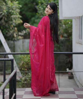 Pink twill net sequins work ceremonial saree 2