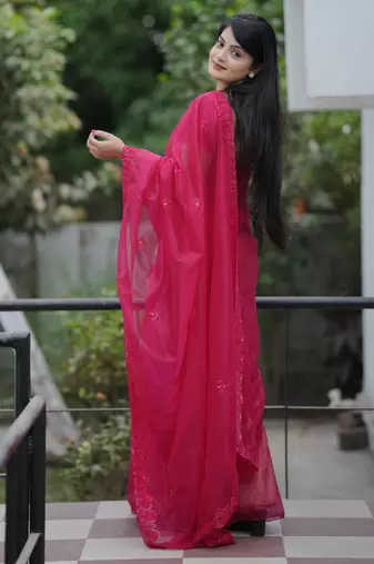 Pink twill net sequins work ceremonial saree