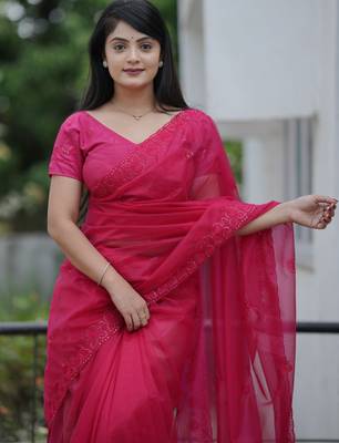 Pink twill net sequins work ceremonial saree 3