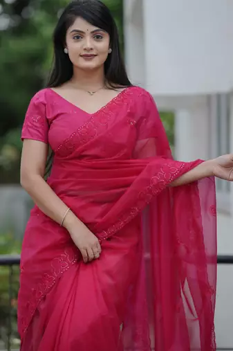Pink twill net sequins work ceremonial saree