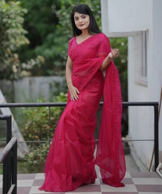 Pink twill net sequins work ceremonial saree 4