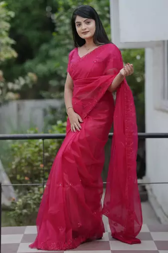 Pink twill net sequins work ceremonial saree