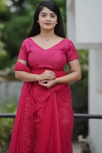 Pink twill net sequins work ceremonial saree