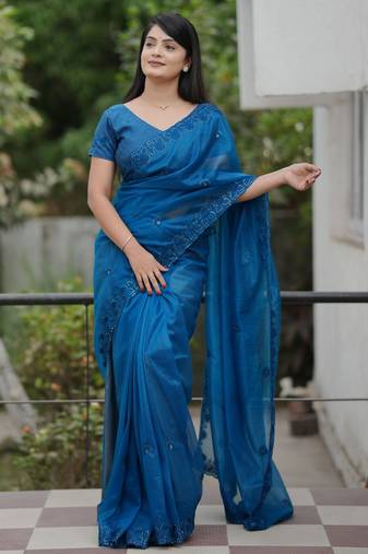 Blue color twill net fabric sequins work ceremonial saree