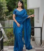 Blue color twill net fabric sequins work ceremonial saree