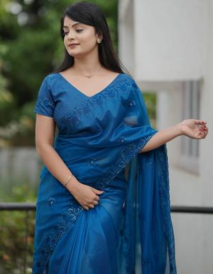 Blue twill net sequins work ceremonial saree 3