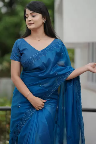 Blue twill net sequins work ceremonial saree