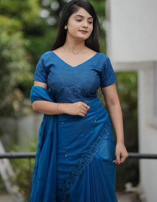 Blue twill net sequins work ceremonial saree 5