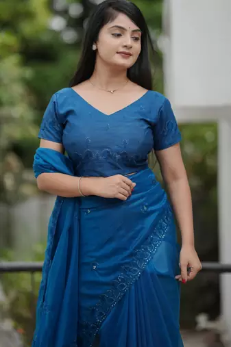 Blue twill net sequins work ceremonial saree