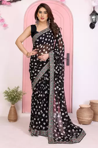 Black color georgette fabric embroidered partywear saree
