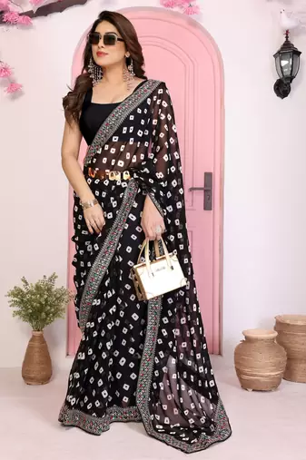 Black georgette embroidered partywear saree